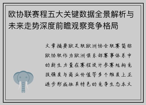 欧协联赛程五大关键数据全景解析与未来走势深度前瞻观察竞争格局